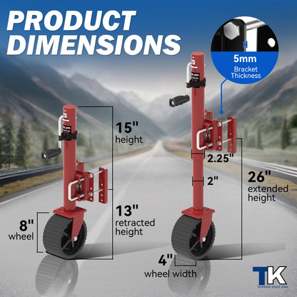 TOWKING 8-inch Wheel Trailer Jack, 13" Vertical Movement, 2000 lbs, for RV, Boat, Trailer and More, Red