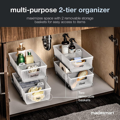 Madesmart 2-Tier Bath Organizer - Undersink Storage with Sliding Drawers & Adjustable Dividers - Frost