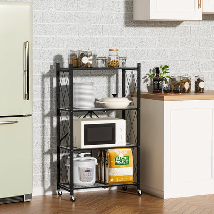 ALANNG Folding Storage Shelves with Wheels, 3 Tier and 4 Tier (2 Pack, Black)