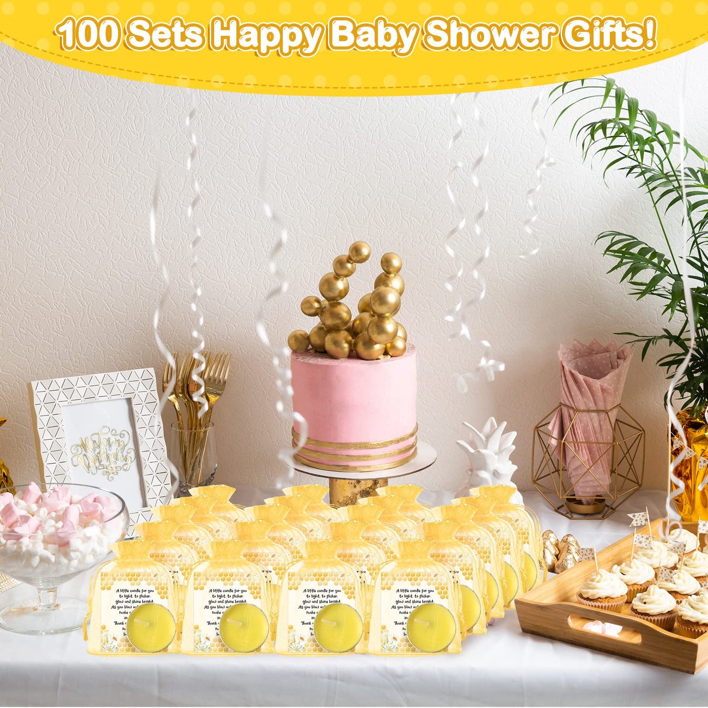 Amyhill Beeswax Tea Light Candle Set - 100 Pieces Unscented Baby Shower Party Favor with Cute Bee Theme - Includes Cards & Organza Bags