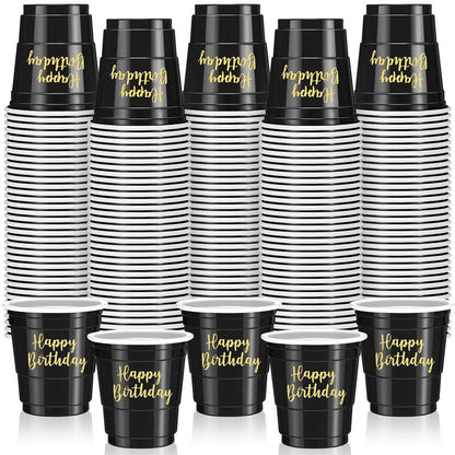 Layhit 100 Pcs Happy Birthday Plastic Shot Glasses 2oz Disposable Shot Cups for Party Mini Drinking Cups for Birthday Wedding Party Favors Tasting Serving Snacks Samples(Black)