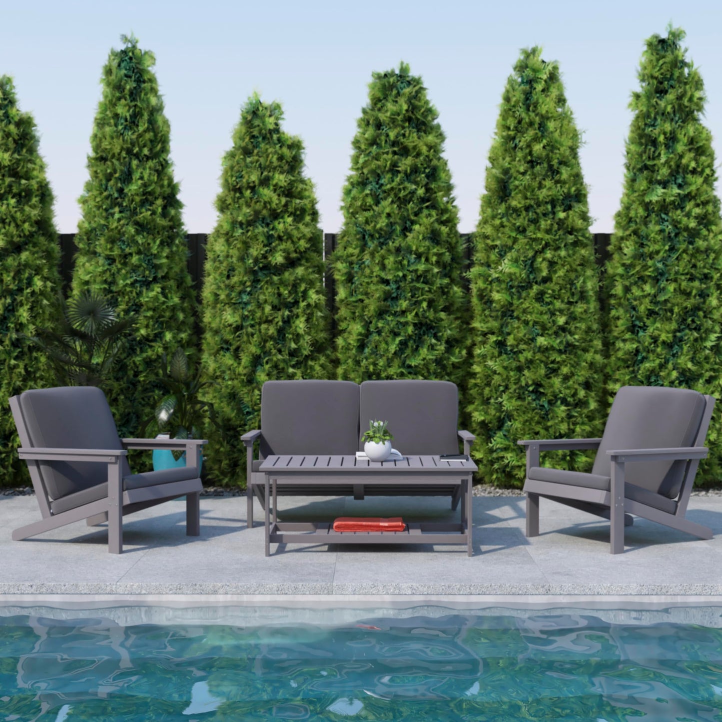 Flash Furniture Charlestown Adirondack Style Deep Seat Patio Loveseat with Cushions - Gray Poly Resin Frame - Gray All-Weather Cushions - Indoor/Outdoor