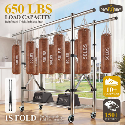 Nakyma Heavy Duty Clothes Rack Load 650 LBS, Double Rod Clothing Racks for Hanging Clothes, Foldable Garment Rack with Lockable Wheels, Portable Rolling Clothing Rack for Bedroom Laundry Living Room