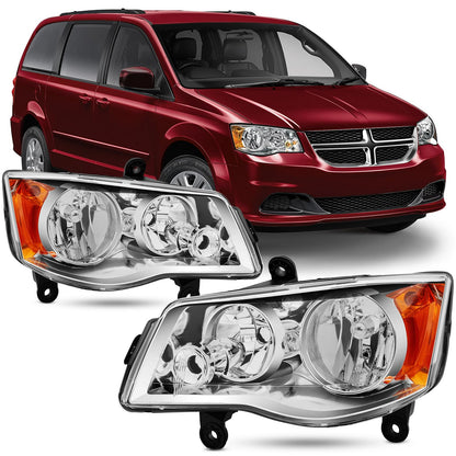 Reinko Headlight Assembly Compatible with 2011-2020 Dodge Grand Caravan / 2008-2016 Chrysler Town & Country Headlamp Chrome with Amber Reflector Factory Style Replacement Pair