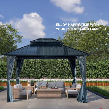 KEIKI 12 * 12FT Permanent Hardtop Gazebo with Netting and Curtains, Double Roof Waterproof Pergola Sunshade Pavilion for Outdoor Patio Lawn Backyard and Garden, Aluminum Frame Galvanized Steel Canopy