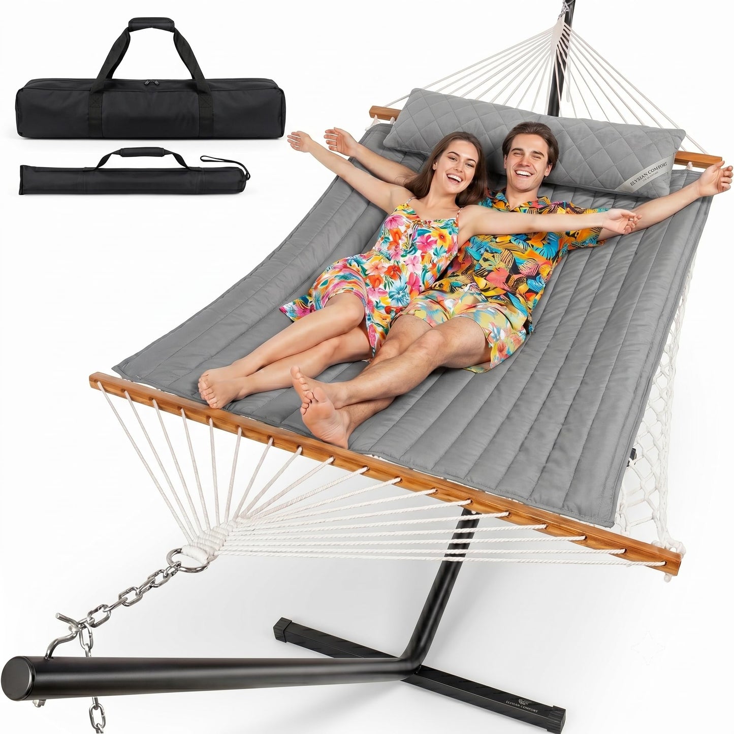 Everyfun 2 Person Outdoor Hammock with Stand, Cotton Rope Hammock with Polyester Pad, Adjustable Steel Frame, Portable with Carrying Bag – for Patio, Backyard, Garden, Beach, Urban-Gray