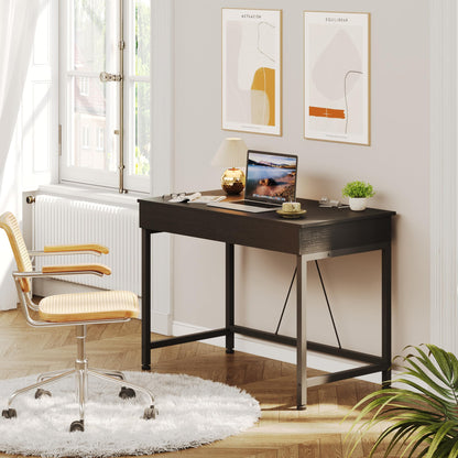 Mexin Small Black Desk with 2 Wooden Drawers, 40 Inch Home Office Writing Desk, Black Vanity Desk with Storage, Computer Desk for Bedroom Small Spaces, Table for Office, Work, Kids Study, Makeup