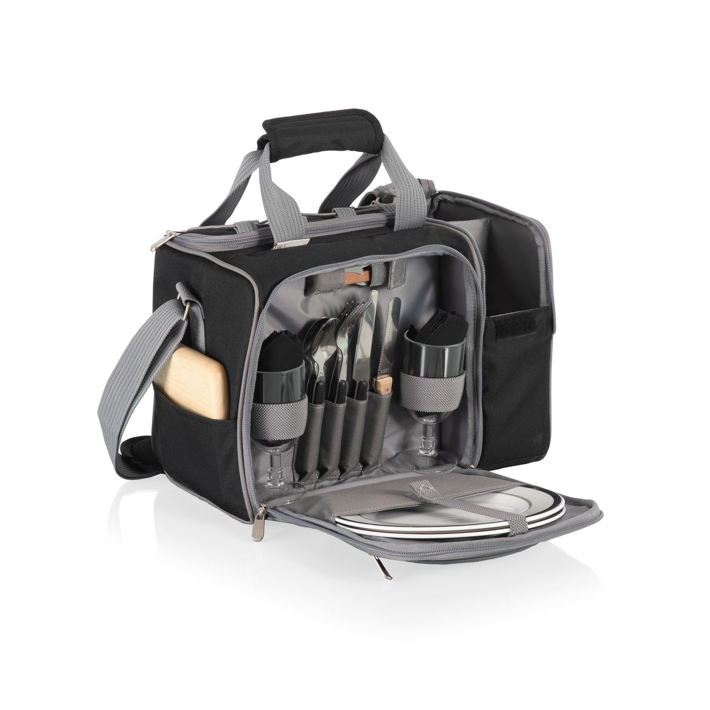 PICNIC TIME Malibu Picnic Basket Cooler, Full Service Lunch Bag for 2, Easy Carry Modern Cooler Bag, Water-Resistant Insulated Lunchbag with Shoulder Strap, (Heathered Gray with Black Accents)