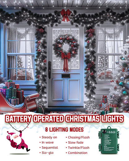 Minetom Christmas Outdoor Lights, 10Ft 120 LED Fire er String, Battery Operated, Cool White, 4 Pack