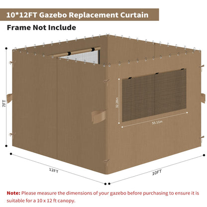 Universal Replacement Privacy Curtains for Gazebos, 10x12 ft Outdoor Waterproof with Large Mosquito-Proof Window Opening, 2-Piece Four-Sided Side Walls with Zippers (Curtains Only, Khaki)
