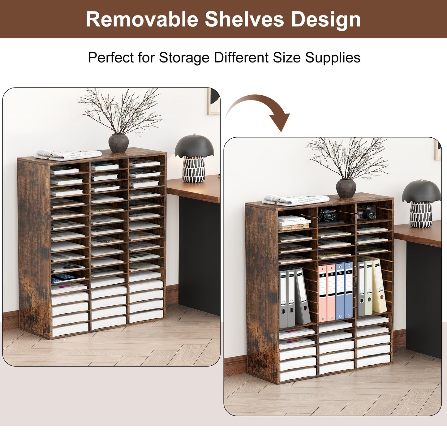 EasyPAG Wooden Literature Organizer with Adjustable Shelves, 48 Compartments Office Paper Organizer Storage 24000 Sheets Letter Size Paper, Student Mailbox for Classroom, Archaize