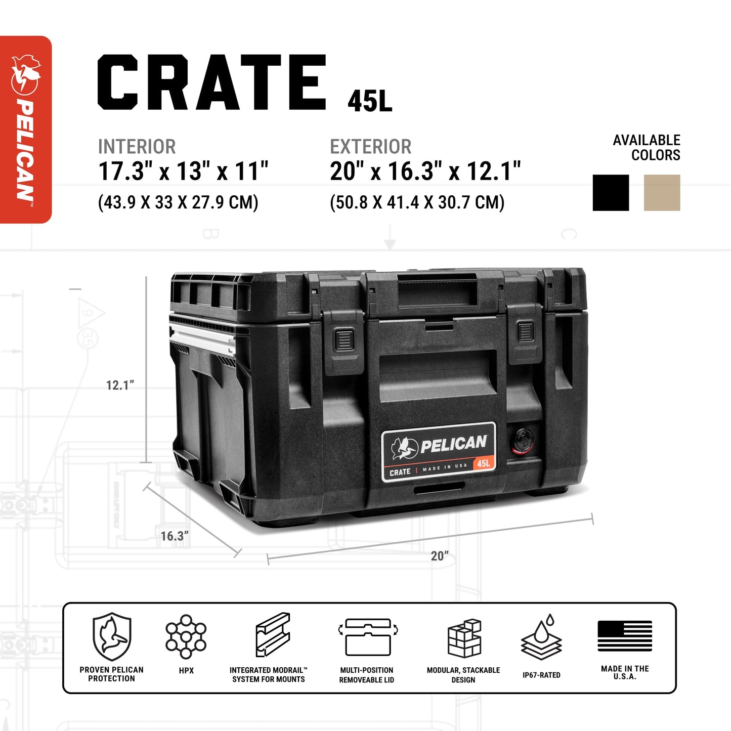 Pelican Crate - 45 Liter Storage Case - Cargo Box, Transport Case, Overland Case (Desert Tan)