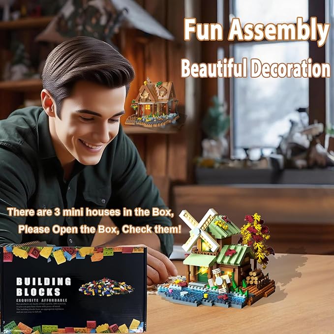 3 Mini Wooden Cabins Micro Building Blocks Toy Set A-Frame House-Mountain Treehouse-Windfall Architecture Kit Compatible with Lego Natural Construction Collection Gift for Adult Teen(2000+PCS)