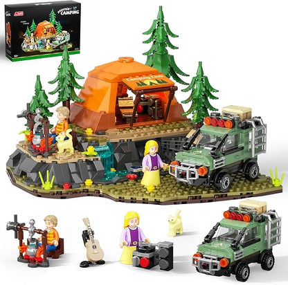 Mountain Camping Building Blocks Set - 677PCS Outdoor Adventure Scene Construction Toy with Tent Camping Car &amp Campfire Desktop Decoration for Kids &amp Adults Creative Gift for Camping Lovers