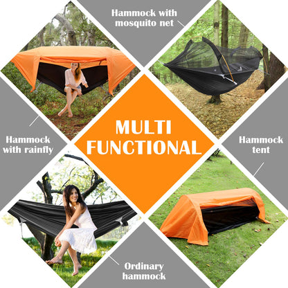 Patent Camping Hammock with Mosquito Net and Rainfly Cover, orange/grey