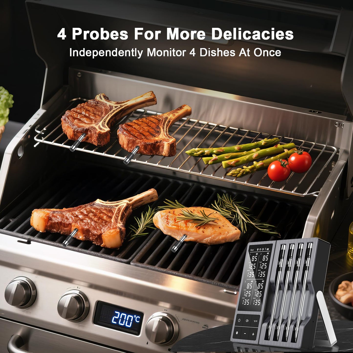 Wireless Meat Thermometer with Smart Timer & APP Alerts, 800ft Bluetooth Grill Food Thermometer, 4 X 0.19In Ultra Thin Probes, ±0.5℉ Accuracy, Big Digital Backlit Screen, for BBQ, Oven, Smoker