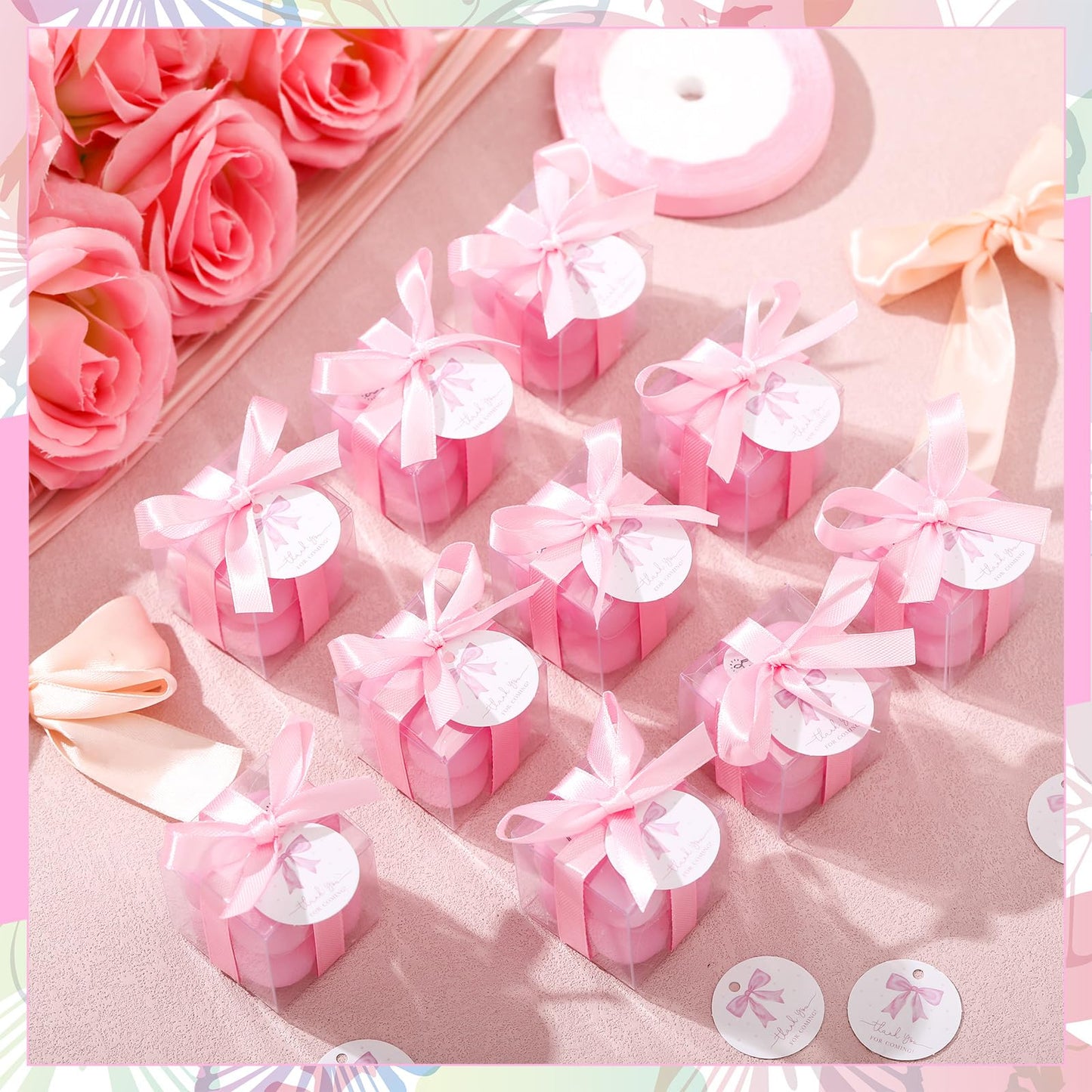 MTLEE 24 Sets Pink Bow Party Favors Small Bubble Candle Baby Shower Favors for Guests Tea Candles Bulk with Stylish Ribbons Cards Gifts Party Decoration(Bright Pink,Bow)
