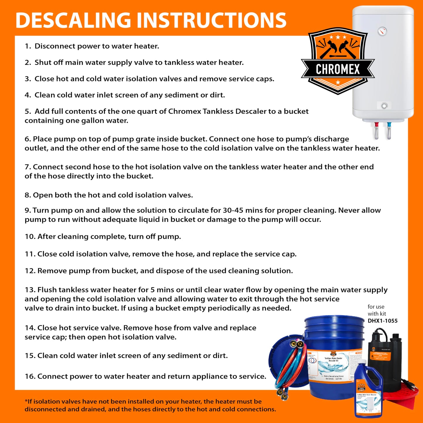 Chromex Tankless Water Heater Flush Kit with NSF Certified Liquid Descaling Solution and 1/6HP Extra Strength Pump