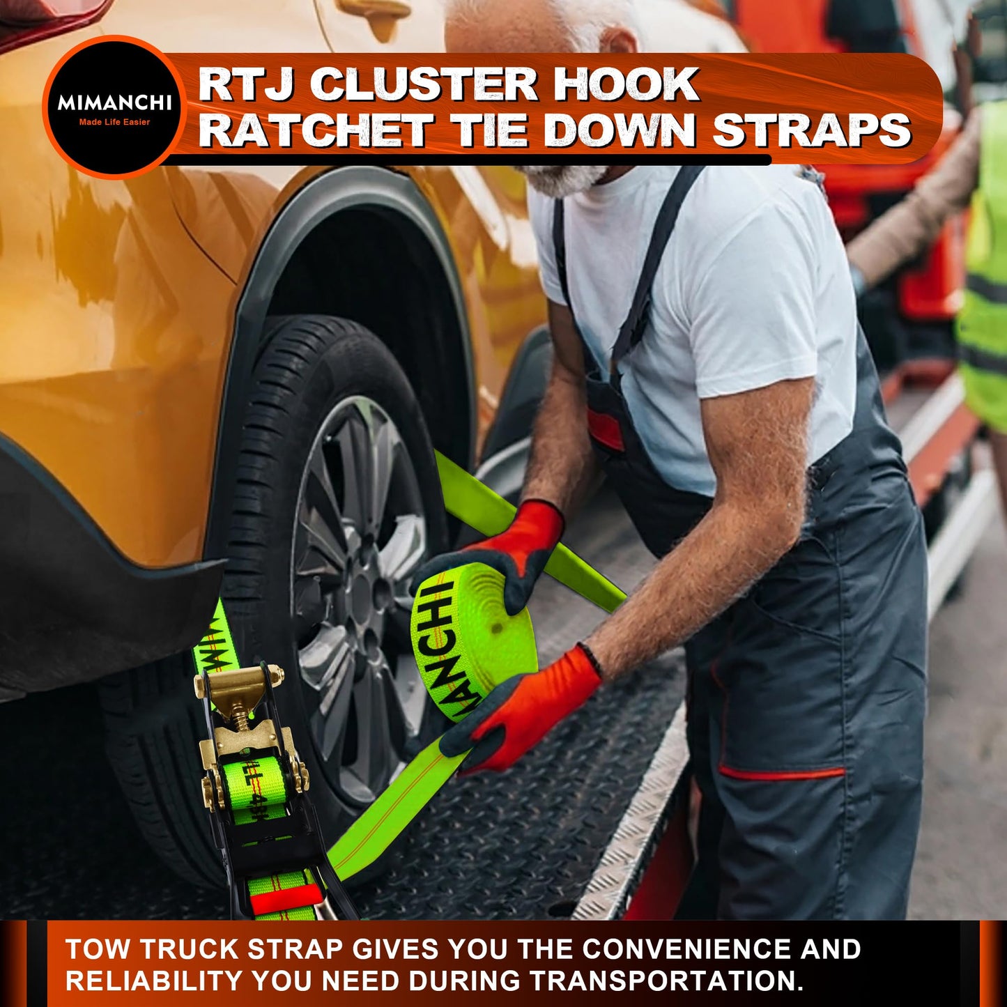 Mimanchi 2" x 12' RTJ Cluster Hook Ratchet Straps with 8 Point Chain, 4 Pack - Heavy Duty Tow Strap for Trucks, Trailers, and Car Haulers - Wheel Tie Down Straps for Tow Trucks & Auto Transport