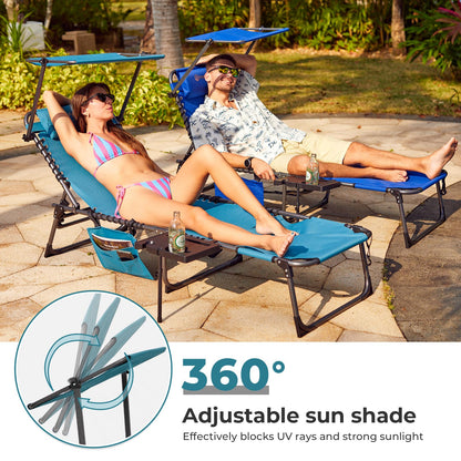 FUNDANGO 4 in 1 Tanning Chair with Face Hole, Beach Lounge Chair with Canopy Shade & Side Table Chaise Lounge Chairs for Patio, Pool, Lawn, Sunbathing, 5-Position Adjustable Sun Lounger, Cyan