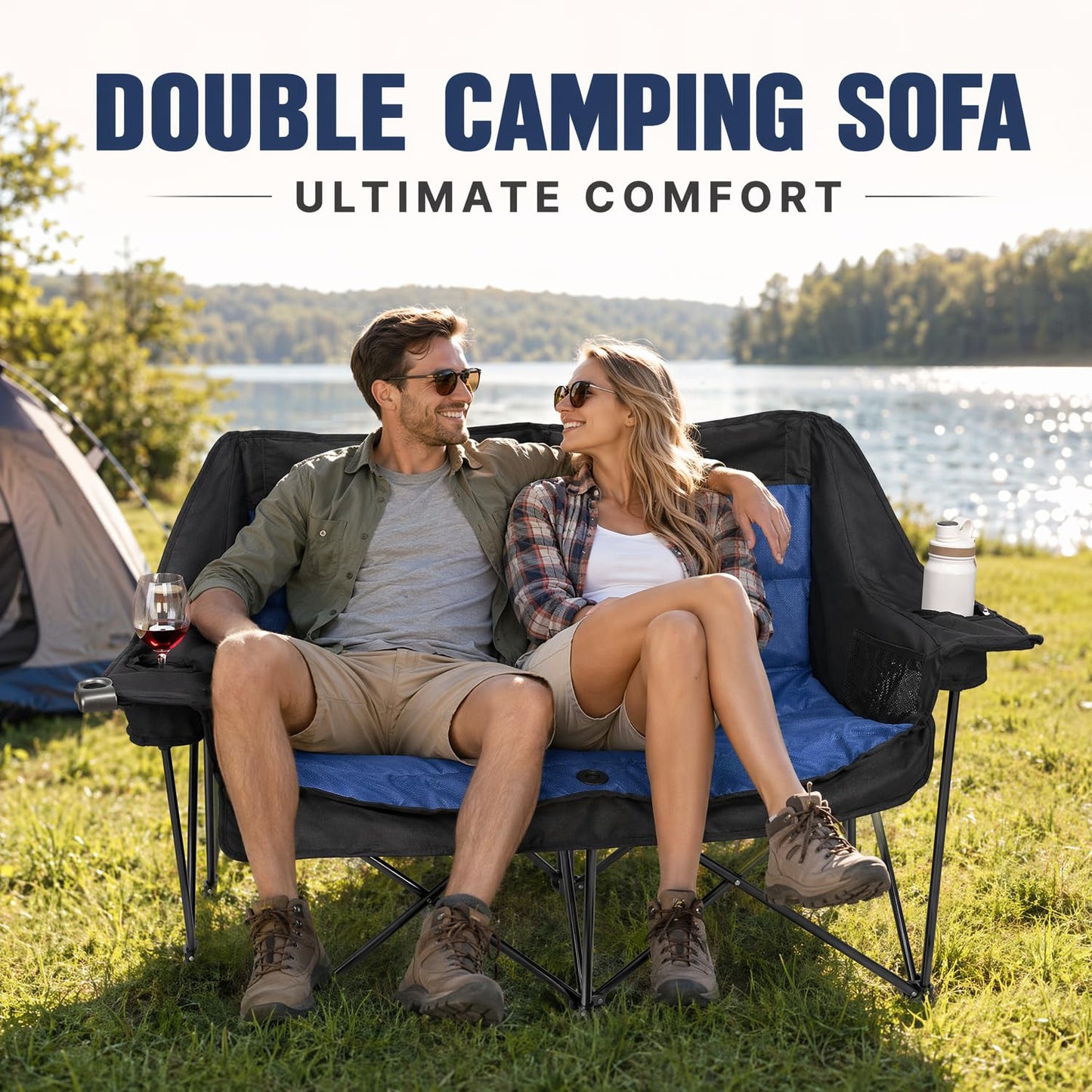 Double Camping Chairs for Adults Folding Loveseat, Heavy Duty Oversized 2 Person Camping Couch Outdoor Portable Folding Chair for Lawn, Patio, Beach