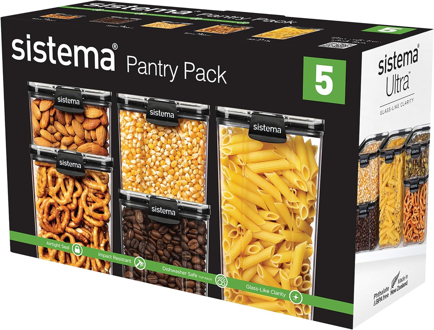 Sistema Tritan Ultra Airtight Storage Containers - 5-Pack Clear Stackable Food Storage, BPA-Free & Dishwasher Safe