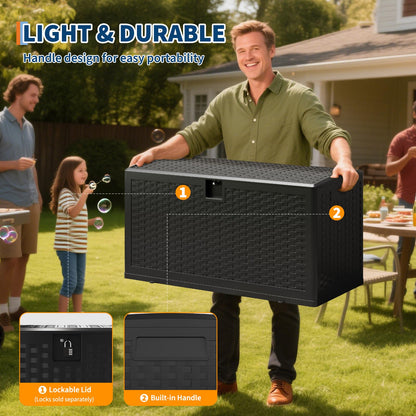 73-150 Gallon Large Outdoor Storage Box - Waterproof Resin Deck Box with Lockable Lid & Gas Struts, All-Weather Patio Storage Bench for Cushions, Pool Toys, Garden Tools, Rattan Texture (Brown/Black)