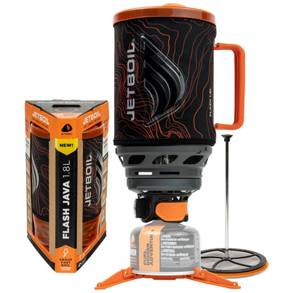 Jetboil Flash Java 1.8L Portable Fast Boil Stove and Coffee Press for Camping and Backpacking, 1-Step Auto Ignition, New for 2026, Propane/Isobutane Burner, Orange Topo