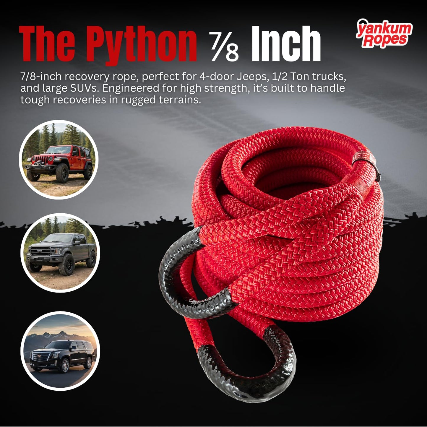 Yankum Kinetic Recovery Rope - Heavy Duty 7/8" x 30' Tow Rope, Off-Road & Vehicle Recovery, Kinetic Energy Ropes for 4x4, Jeep, and Trucks, Made in USA – Python Series