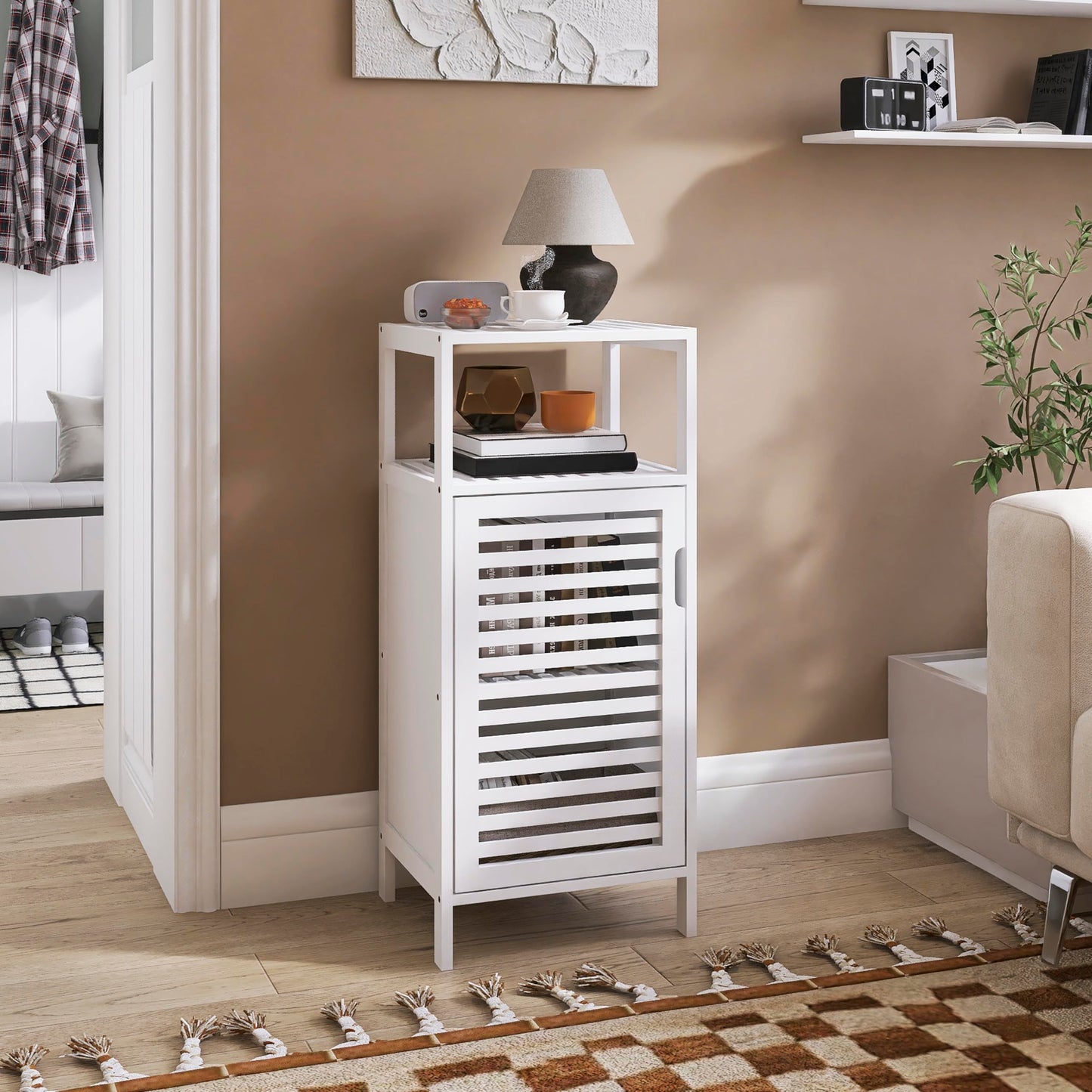 HITNET Bathroom Wall Cabinet Foldable Luggage Rack and Bamboo Storage Cabinet Freestanding, Over Toilet Hanging Cabinet with Adjustable Shelf, Sofa Side Table Storage Organizer with 4 Hooks, White