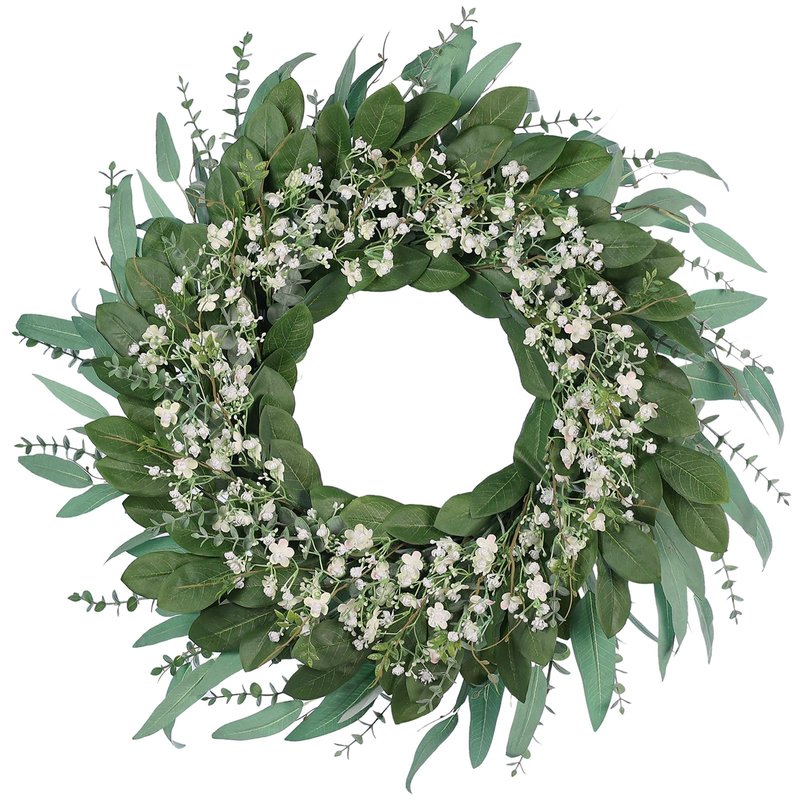 26'' Eucalyptus and Babys Breath Flowers Wreath for Front Door - Large Artificial Greenery Outdoor Wreath for Porch,Window,Farmhouse,Home,Hanging Decor- Spring, Summer, All Seasons (Green-White)