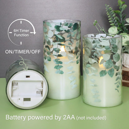 Immeiscent Green Glass Flameless Candles Remote Timer Eucalyptus Leaves Greenery Design Battery Operated Flicker Pillar Candle for Wedding Centerpiece Spring Easter Farmhouse Home Decoration, Set of 3