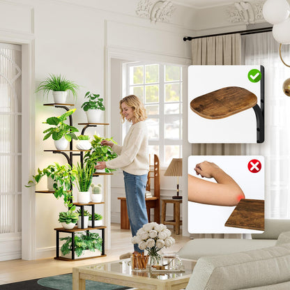 MemoCastle Tall Plant Stand with Grow Lights – 8 Tier 63" Metal and Wooden Indoor Flower Shelf Rack, Adjustable Large Corner Organizer for Living Room or Home Gardening Display