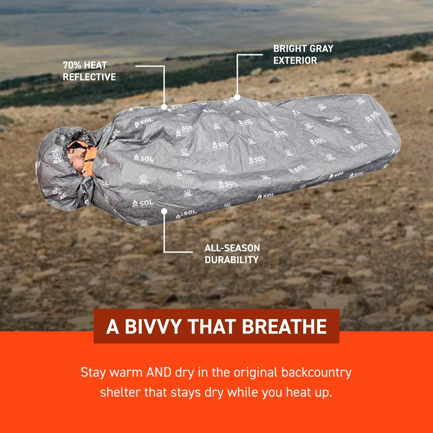 SOL Escape Bivvy with Hood - Emergency Preparedness Blanket - Reflects Up to 70% Body Heat - Outdoor Survival Shelter - Water Resistant - Durable & Breathable - Winter Camping Supplies - XL, Gray