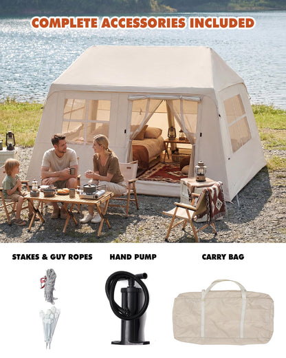 3-4 Person Inflatable Camping Tent Portable Air Cabin Blow Up Tent with Hand Pump Easy Setup Waterproof for Camping Family Backpacking Hiking