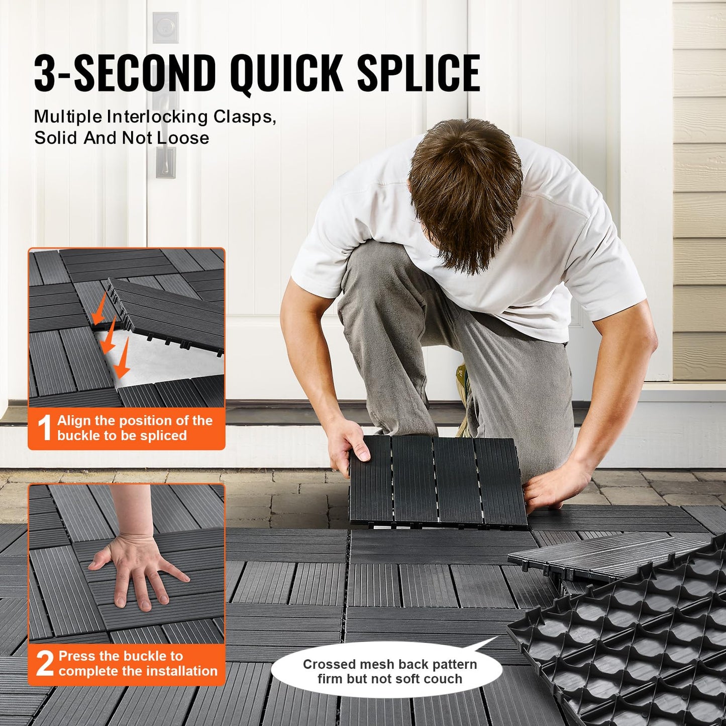 VEVOR 54 sq. ft Plastic Interlocking Deck Tiles, 54 Pack,12"x12" Waterproof Non-Slip Outdoor Flooring All Weather Use, Patio Floor Decking Tiles for Porch Poolside Balcony Backyard, Dark Grey