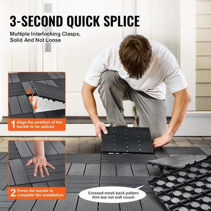 VEVOR 54 sq. ft Plastic Interlocking Deck Tiles, 54 Pack,12"x12" Waterproof Non-Slip Outdoor Flooring All Weather Use, Patio Floor Decking Tiles for Porch Poolside Balcony Backyard, Dark Grey