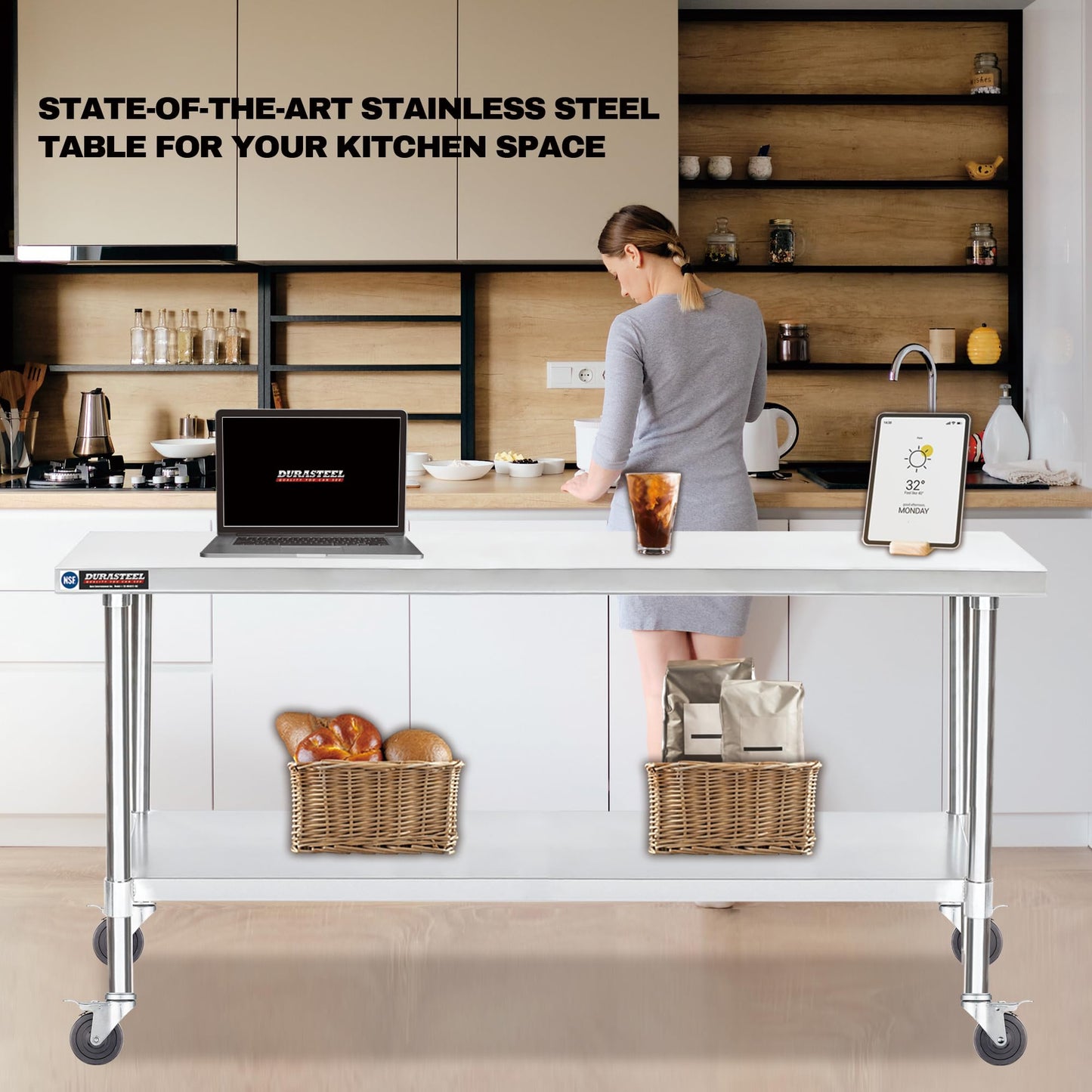 DuraSteel 30x72 NSF Stainless Steel Cart - Heavy Duty Food Prep Table with Undershelf - Rolling Kitchen Island on Wheels for Commercial Restaurant Kitchen, Garage, Outdoor Cooking, BBQ Grill, Counter