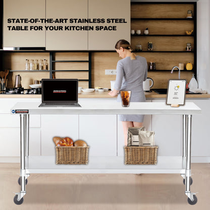 DuraSteel 30x72 NSF Stainless Steel Cart - Heavy Duty Food Prep Table with Undershelf - Rolling Kitchen Island on Wheels for Commercial Restaurant Kitchen, Garage, Outdoor Cooking, BBQ Grill, Counter