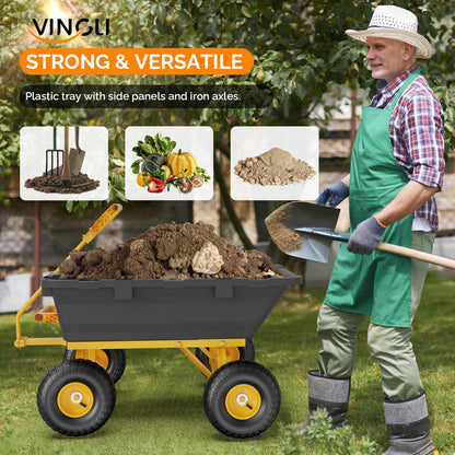 VINGLI Heavy Duty Dump Cart Wagon, 800LBS Quick-Release Dump Poly Wheelbarrow, 10in All-Terrain Pneumatic Tires Garden Wagon for Garden, Yard, Beach
