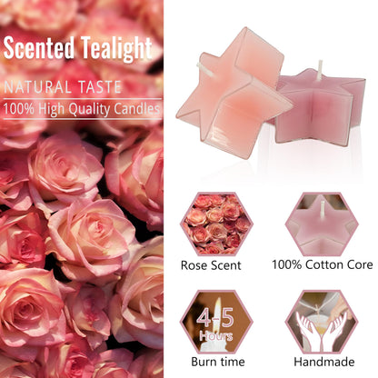 Tea Lights Gradation Pink Star Tea Candles Set of 12 – Tealight Candles with Rose Scent, Long Burning Handmade Tealights for Wedding Meditation Home Decor Gift