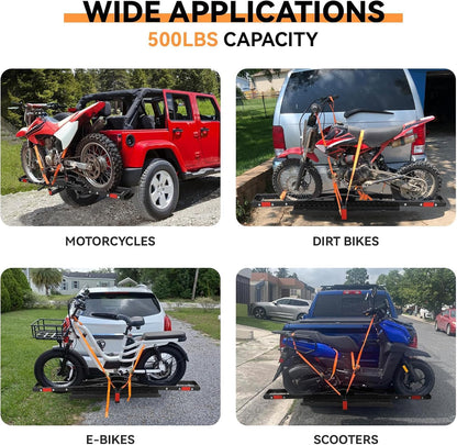 Garvee Motorcycle Trailer Carrier with Loading Ramp, 600 LBS Weight Capacity, Heavy-Duty Iron & Aluminum Construction, Includes 4 Straps, Black Motorcycle Transport Hitch Platform, Black