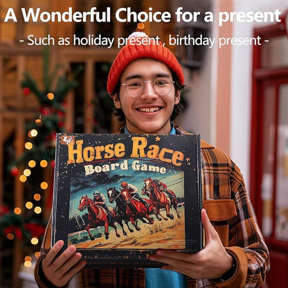 Wooden Finish Line Horse Racing Board Game Equipped with 11 Luxury Metal Craft Horses Adult Chessboard Including 2 Dice and 2 Boxes of Cards Folding Box Game Board (Light Flame)