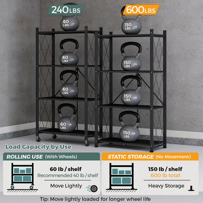 DEANIC 4 Tier Foldable Storage Shelves with Wheels, Large Capacity Shelving Unit, Freestanding Metal Wire Shelf Rack, No Assembly Organizer Rack for Garage Kitchen, Basement, Pantry(Black Pack of 2)