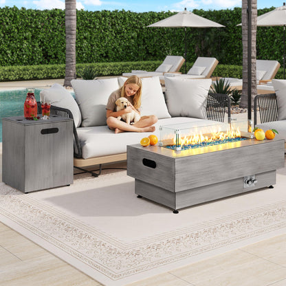 IRONCK 43-inch Outdoor Propane Fire Pit Table w Tank Table, CSA Certified, 2 in 1 Rectangular Patio Fire Pit w Glass Rocks, Wind Guard and Cover, 50000 BTU Outside Heater for Pool, Vintage Gray