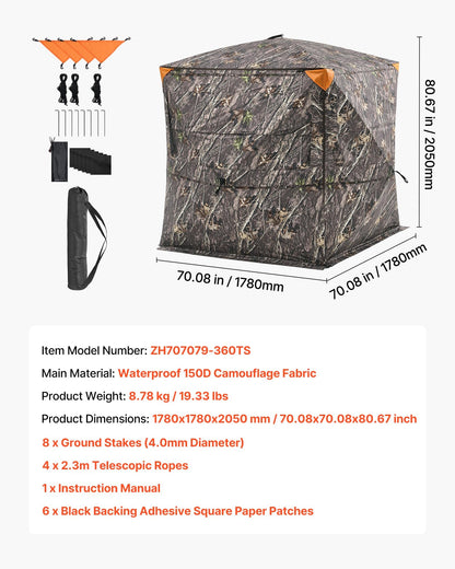VEVOR Hunting Blind，See Through Ground Blinds with Carrying Bag, 360 Degree Portable Camouflage Tent，Durable Concealed Shelter with Silent Side Door and Window, for Turkey and Deer (4-5 Person)