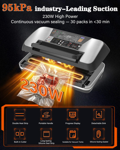 95KPa Food Vacuum Sealer Machine, 230W Vacuum Pack Machine 12-in-1 Automatic Powerful Food Preservation System with Double Heat Seal, Includes Built-in Cutter, Storage, 1 Roll & 10 Bags Black-silver