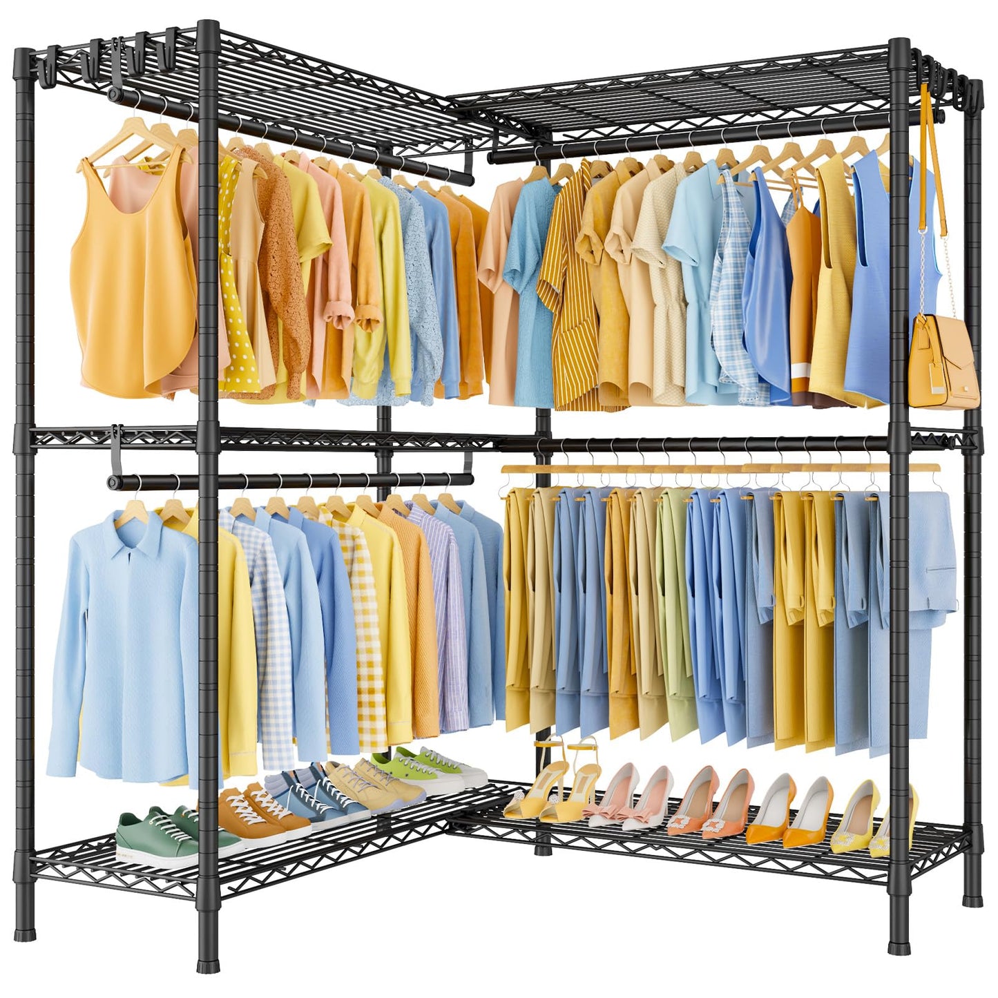 ULIFHOME E15 Pro Garment Rack L Shaped Clothes Rack for Corner，Freestanding Clothing Racks for Hanging Clothes，Heavy Duty Closet System with 4 Hanging Rods & 8 S Hooks，48.8"W x 15.8"D x 78.4"H，Black