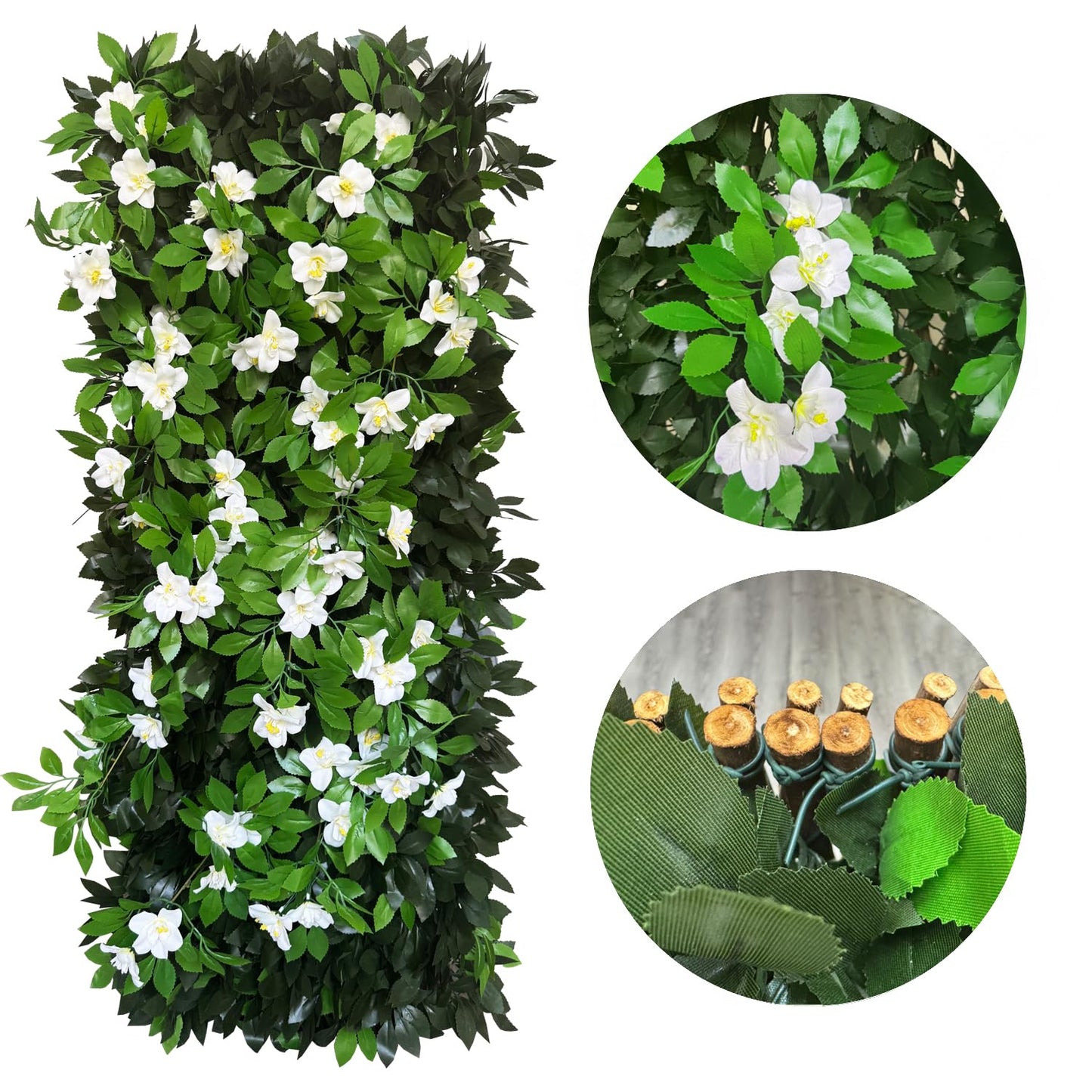 Sumery Expandable Fence Privacy Screen for Balcony Patio Outdoor,Decorative Faux Ivy Fencing Panel,Artificial Hedges (Single Sided Leaves) (2, Branches -White Fowers)
