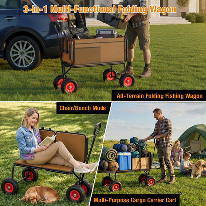 3 in 1 Beach Fishing Cart, Heavy Duty Garden Carts w/All Terrain Inflatable Tires, Folding Wagon Cart, Convert to Chair or Bench with Cushion, Rod Holders and Durable Oxford Bag